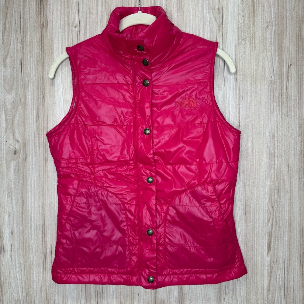 The North face Pink Puffer Vest Zip Snap XS Extra Small Winter Women Primaloft